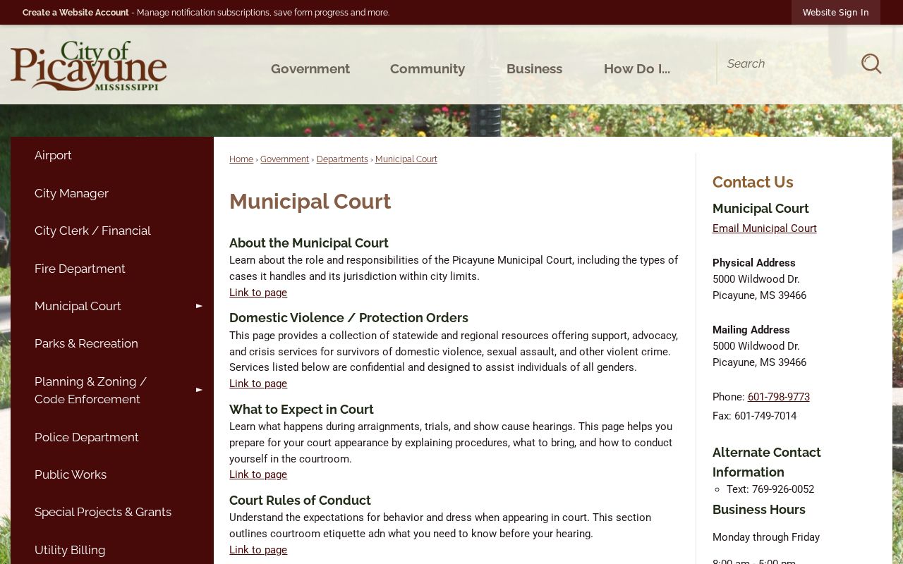 Picayune Municipal Court contact page
